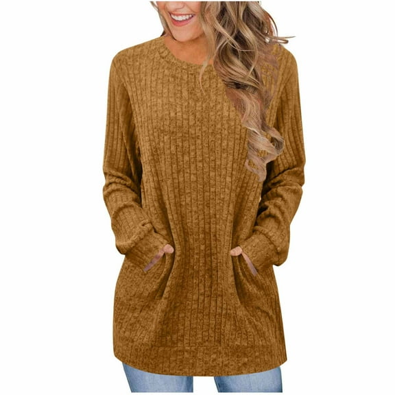 BLVB Long Sleeve Shirts for Women Crewneck Tunic Sweaters Loose Fit Dressy Ribbed Knit Tops with Pockets Fall Fashion