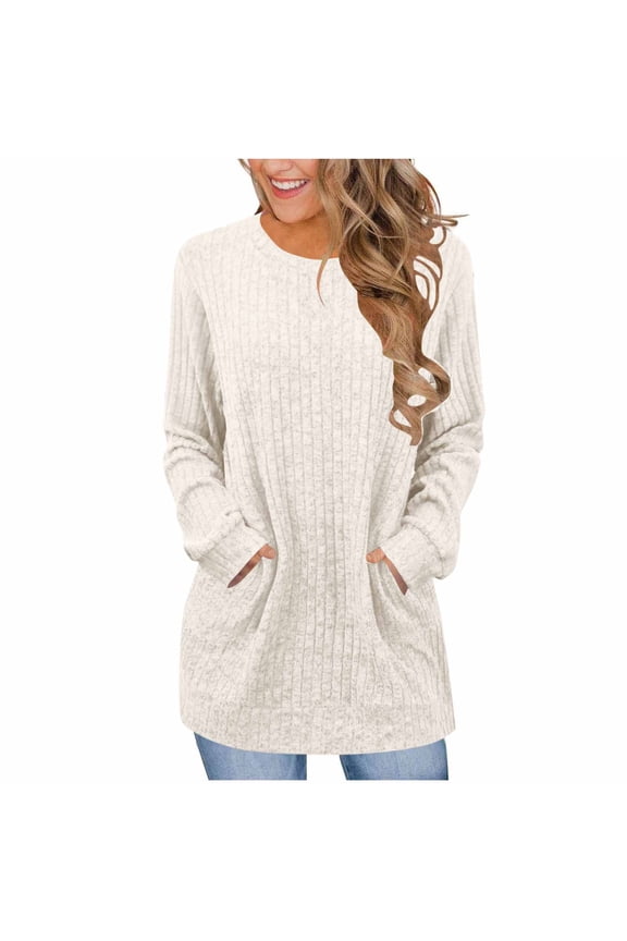 Long Sleeve Shirts for Women Crewneck Tunic Sweaters Loose Fit Dressy Ribbed Knit Tops with Pockets Fall Fashion