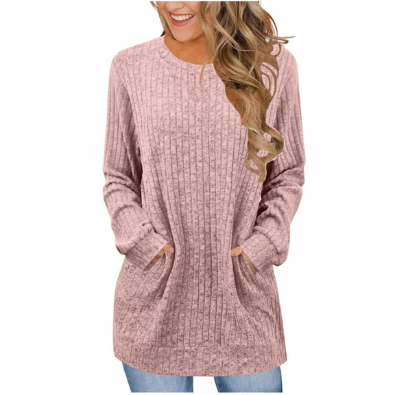 BLVB Long Sleeve Shirts for Women Crewneck Tunic Sweaters Loose Fit Dressy Ribbed Knit Tops with Pockets Fall Fashion