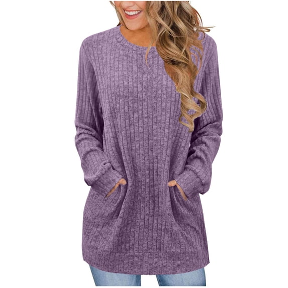 BLVB Long Sleeve Shirts for Women Crewneck Tunic Sweaters Loose Fit Dressy Ribbed Knit Tops with Pockets Fall Fashion