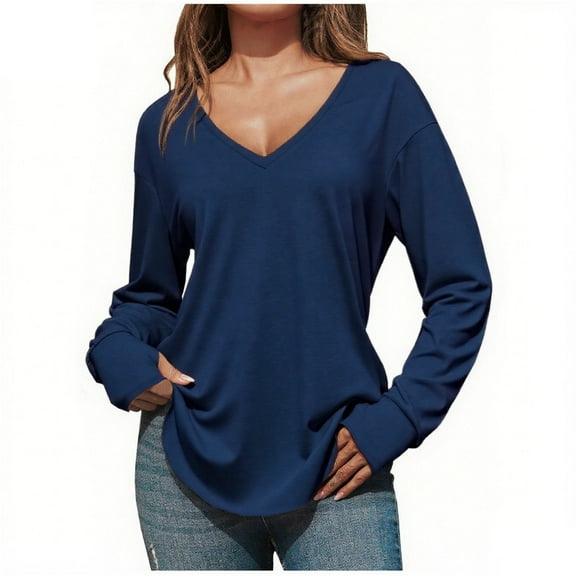 BLVB Long Sleeve Shirts for Women Fall Dressy Casual Womens Tops V Neck Solid Color Loose Fashion Blouses Clothes