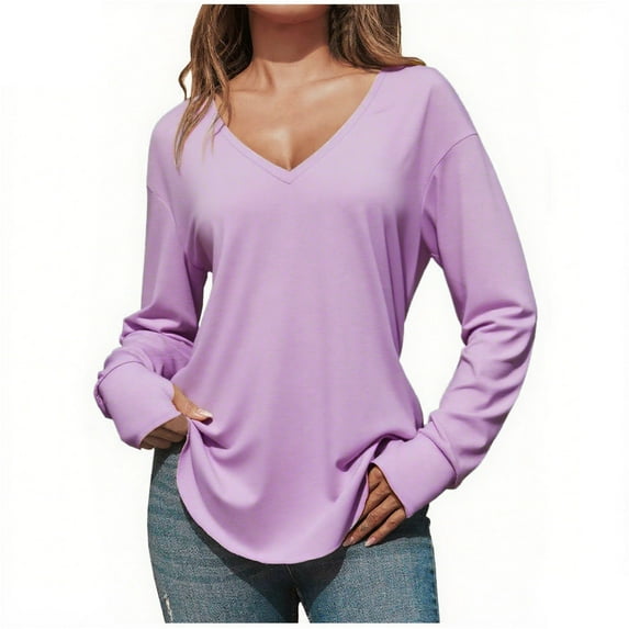 BLVB Long Sleeve Shirts for Women Fall Dressy Casual Womens Tops V Neck Solid Color Loose Fashion Blouses Clothes