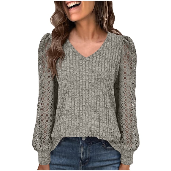 BLVB Long Sleeve Shirts for Women Fall Lace Hollow out Blouses Dressy Ribbed Knit Sweaters V Neck Tunic Trendy Clothes