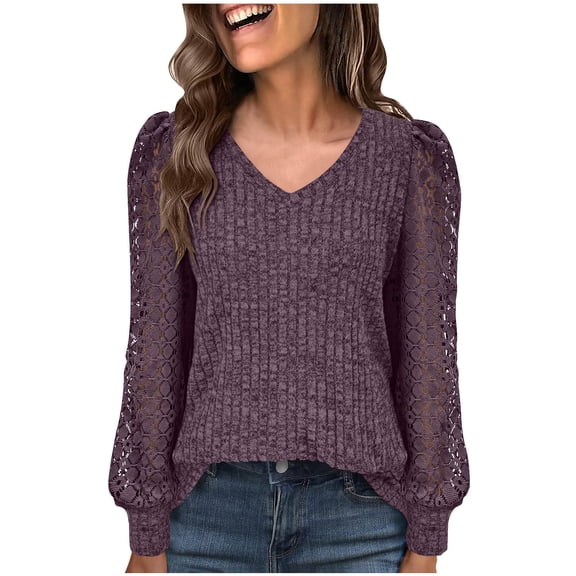 BLVB Long Sleeve Shirts for Women Fall Lace Hollow out Blouses Dressy Ribbed Knit Sweaters V Neck Tunic Trendy Clothes