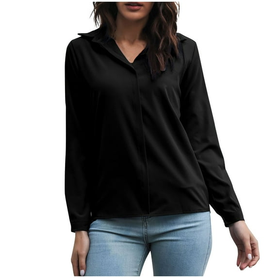 BLVB Long Sleeve Shirts for Women Lapel Collar Casual Work Office Blouses Solid Color Loose Basic Tee Tops Tunics