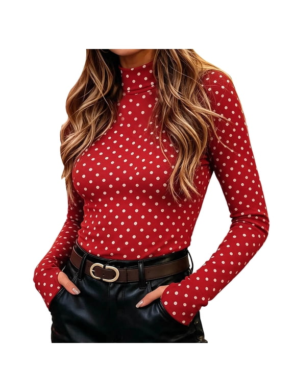 Long Sleeve Shirts for Women Mock Turtleneck Tops Stretchy Slim Fit Layering Going out Blouses Fall Outfits(Red,X-Large)
