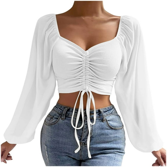 BLVB Long Sleeve Shirts for Women Ruched Drawstring V Neck Crop Tops Ribbed Blouses Fall Fashion Outfits