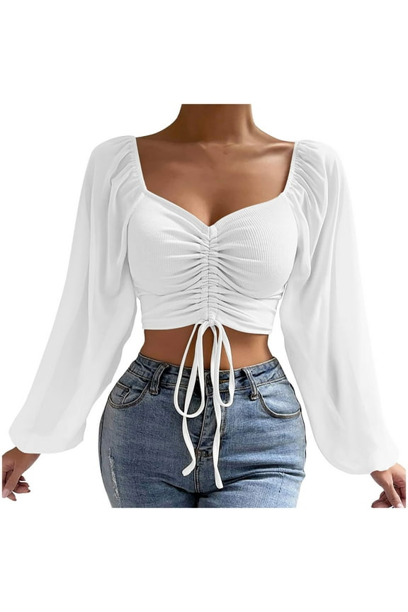 Long Sleeve Shirts for Women Ruched Drawstring V Neck Crop Tops Ribbed Blouses Fall Fashion Outfits