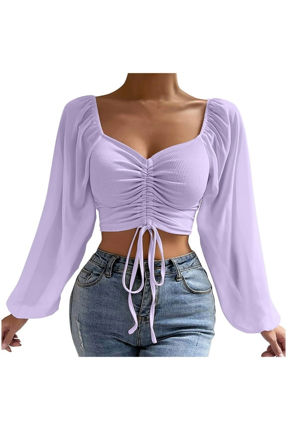 Long Sleeve Shirts for Women Ruched Drawstring V Neck Crop Tops Ribbed Blouses Fall Fashion Outfits