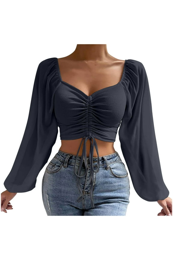 Long Sleeve Shirts for Women Ruched Drawstring V Neck Crop Tops Ribbed Blouses Fall Fashion Outfits