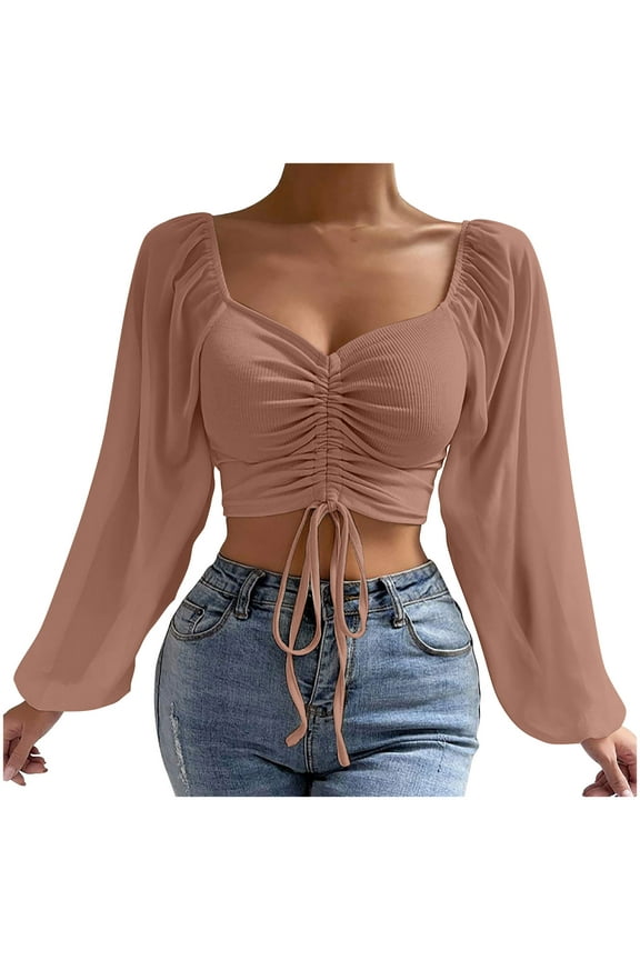 Long Sleeve Shirts for Women Ruched Drawstring V Neck Crop Tops Ribbed Blouses Fall Fashion Outfits