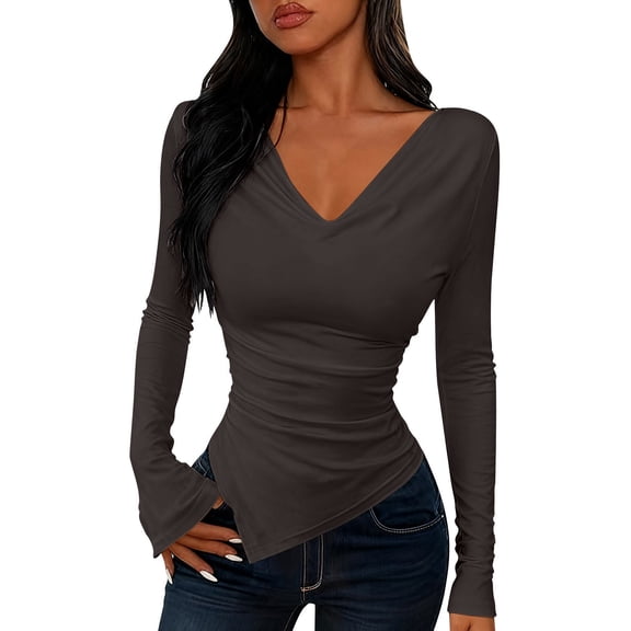 BLVB Long Sleeve Shirts for Women V Neck Asymmetrical Hem Ruched Tops Slim Fit Going out Tee Blouses for Party Club