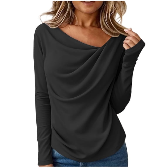 BLVB Long Sleeve Tops for Women Trendy Asymmetrical Neck Ruched Going out Tops Spring Fall Fashion Tee Shirts Outfits