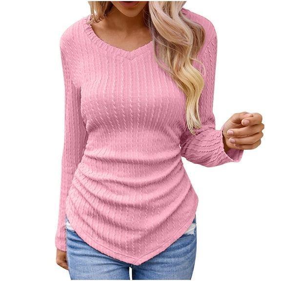 BLVB Long Sleeve Tops for Women V Neck Solid Color Knitted Rib Irregular Blouses Casual Tight Shirts Tunics