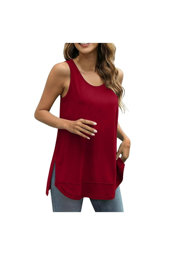 Loose Tank Tops for Women Scoop Neck Summer Casual Side Split Sleeveless Tank Shirts Tunic Fashion