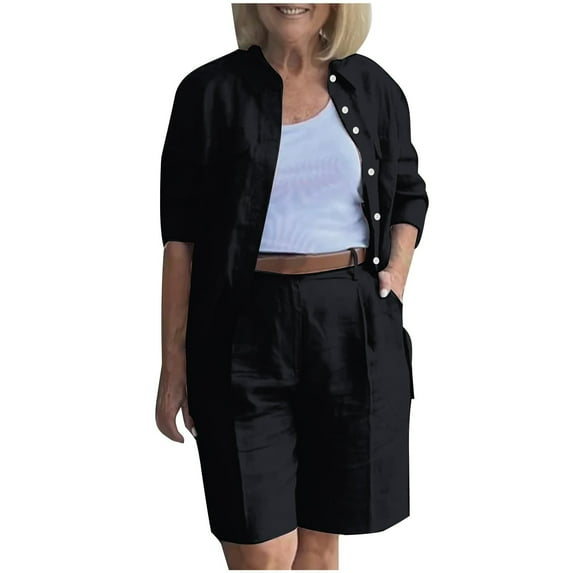 BLVB Lounge Matching Sets for Women Long Sleeve Button down Shirts Tops with Knee Length Shorts 2 Piece Outfits with Pockets