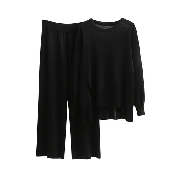 BLVB Lounge Sets for Women 2 Piece Outfits Knit Pullover High Low Hem Tops and Wide Leg Pants Sweater Set Tracksuits