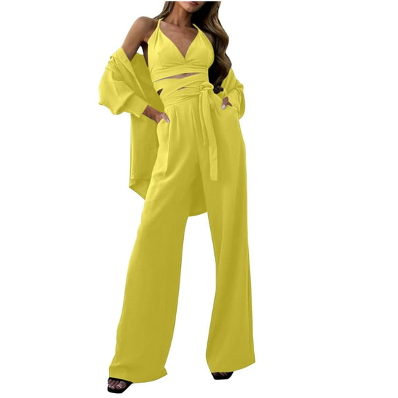 BLVB Lounge Sets for Women 3 Piece Vacation Outfits Long Sleeve Button down Shirts Cami Tops and Wide Leg Pants Sets