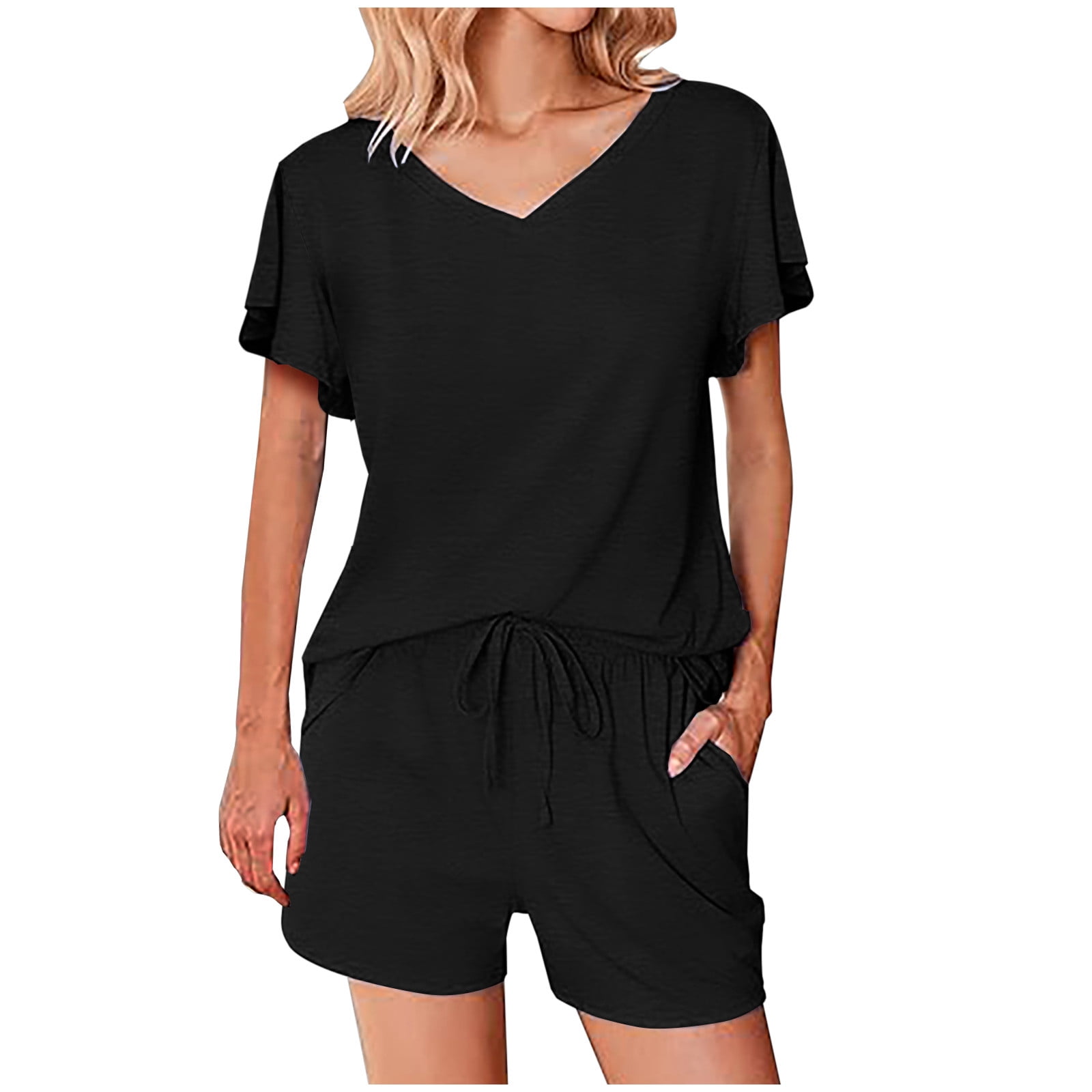 BLVB Lounge Sets for Women Solid Color Short Sleeve V Neck Tops T ...