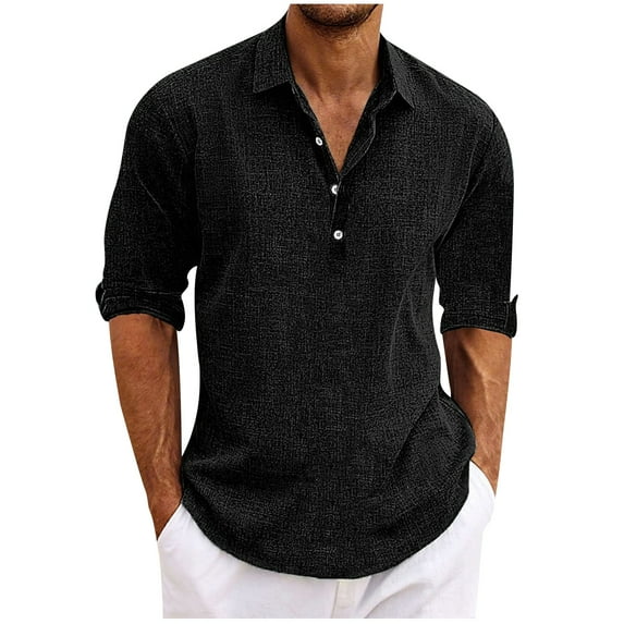 BLVB Men's Long Sleeve Shirts Casual Lapel Collar Button up Work Business Tops Solid Color Fall Spring Blouses Black