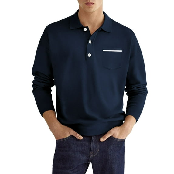 BLVB Mens Casual Quarter Zip Tops Business Office Work Collared Long Sleeve Loose Fitted Golf Shirts with Pocket Navy