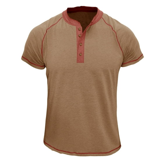 BLVB Mens Casual Summer Shirts Crewneck Button up Short Sleeve Loose Fitted Wicking Workout Tops Blouse Khaki