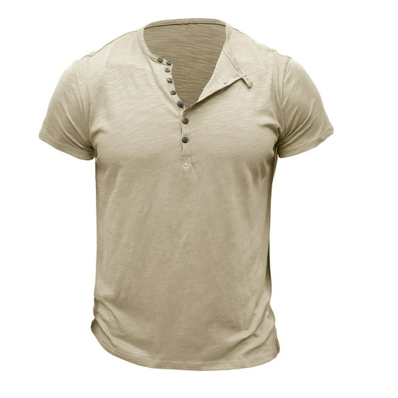 BLVB Mens Casual Summer Shirts Crewneck Button up Short Sleeve Loose Fitted Wicking Workout Tops Tee Beige