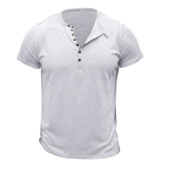 BLVB Mens Casual Summer Shirts Crewneck Button up Short Sleeve Loose Fitted Wicking Workout Tops Tee White