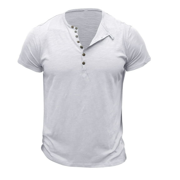 BLVB Mens Casual Summer Shirts Crewneck Button up Short Sleeve Loose Fitted Wicking Workout Tops Tee White