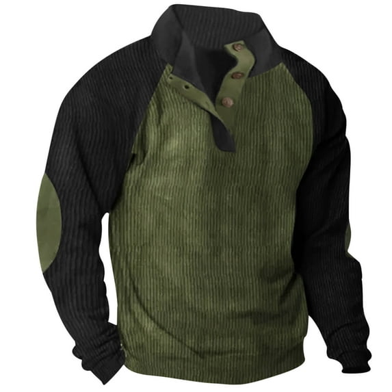 BLVB Mens Corduroy Sweatshirts Color Block Lapel Collar Button up Pullover Mock Neck Long Sleeve Sweaters Tops Black