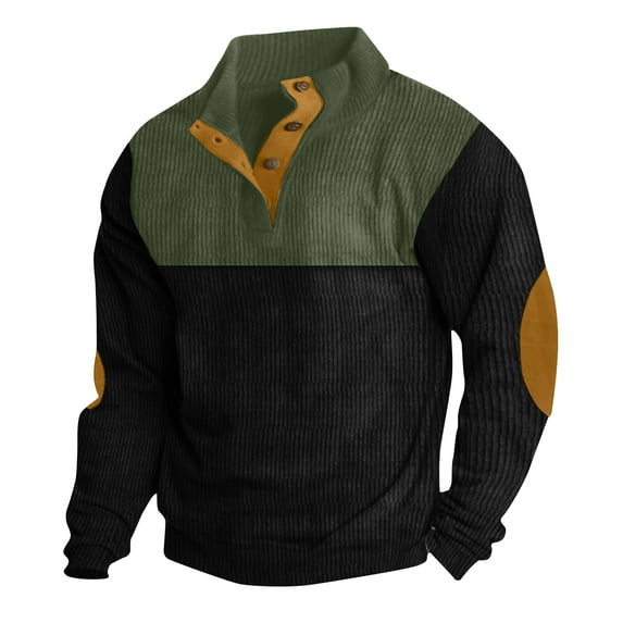 BLVB Mens Corduroy Sweatshirts Color Block Lapel Collar Button up Pullover Mock Neck Long Sleeve Sweaters Tops Green