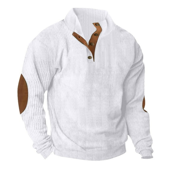 BLVB Mens Corduroy Sweatshirts Color Block Lapel Collar Button up Pullover Mock Neck Long Sleeve Sweaters Tops White