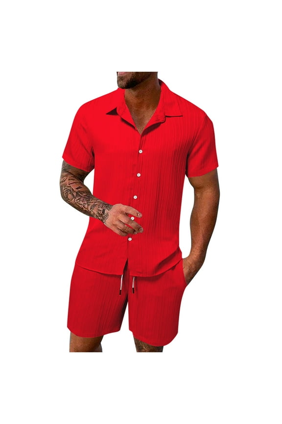 Mens Cotton Linen 2 Piece Outfits Casual Short Sleeve Button down Shirts and Shorts Sets Summer Tracksuit