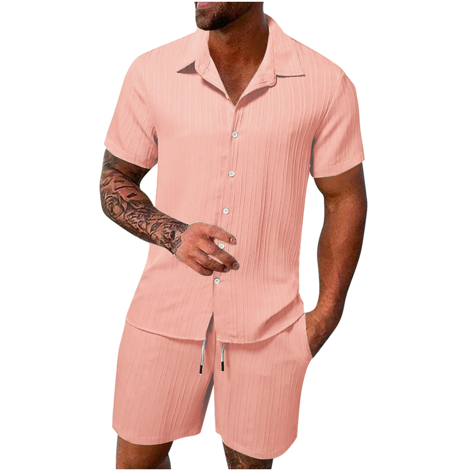 Men's Full Size Lace Button Down Top and Shorts Set Plus Size