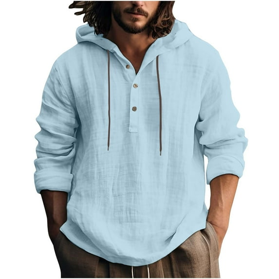 BLVB Mens Cotton Linen Hooded Sweatshirts Button Drawstring Long Sleeve Tops Casual Loose Comfy Fall Spring Blouse Sky Blue
