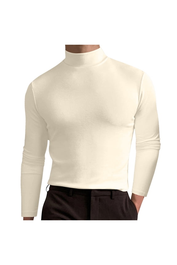 Mens Half Turtleneck Tops Casual Solid Color Stretch Long Sleeve Basic Shirts Pullover Blouse Beige