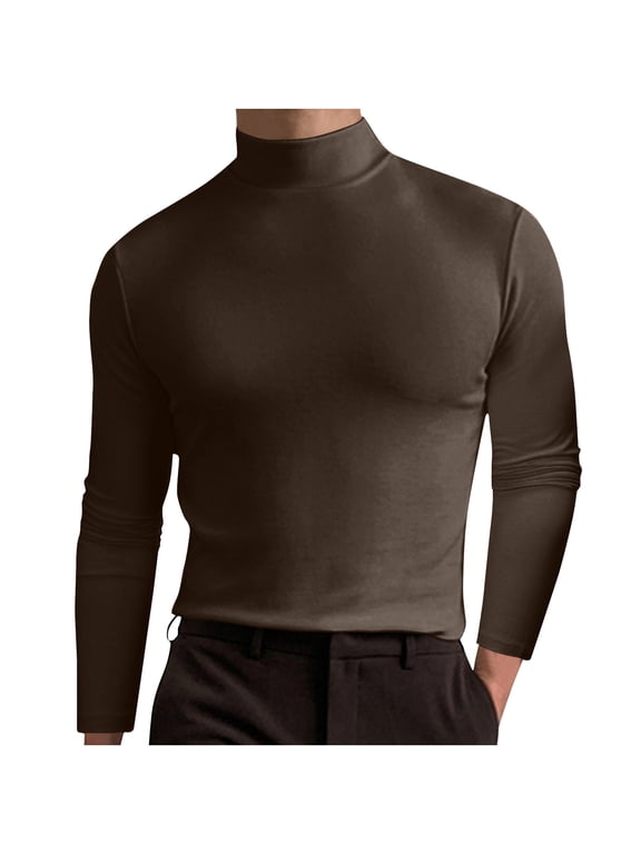 Mens Half Turtleneck Tops Casual Solid Color Stretch Long Sleeve Basic Shirts Pullover Blouse Brown
