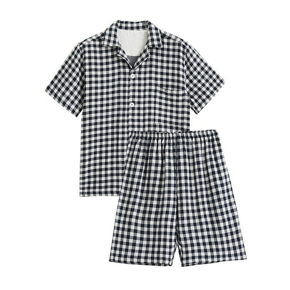 BLVB Mens Summer Pajamas 2 Piece Outfits Plaid Short Sleeve Button down Shirts and Shorts Sets Sleepwear Pjs