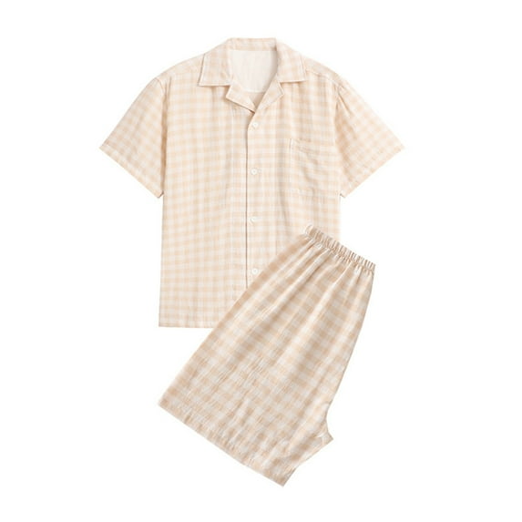 BLVB Mens Summer Pajamas 2 Piece Outfits Plaid Short Sleeve Button down Shirts and Shorts Sets Sleepwear Pjs