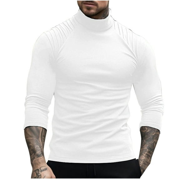 BLVB Mens Turtleneck Tops 2024 Casual Solid Color Stretch Long Sleeve Basic Shirts Plus Size Pullover Blouse White