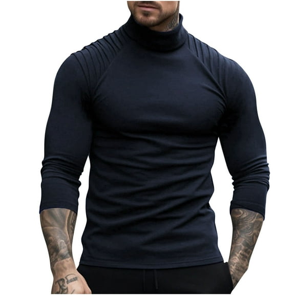 BLVB Mens Turtleneck Tops Casual Solid Color Stretch Long Sleeve Basic Shirts Plus Size Pullover Blouse Navy