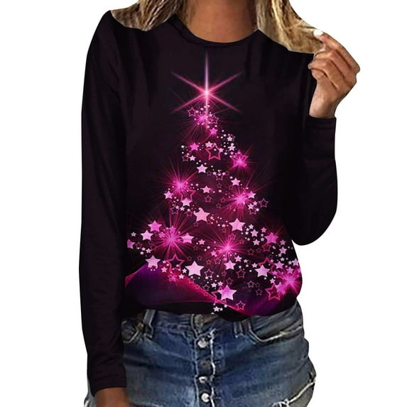 BLVB Merry Christmas Shirt for Women Crewneck Christmas Tree Graphic Sweatshirt Casual Vacation Long Sleeve Tees Tops