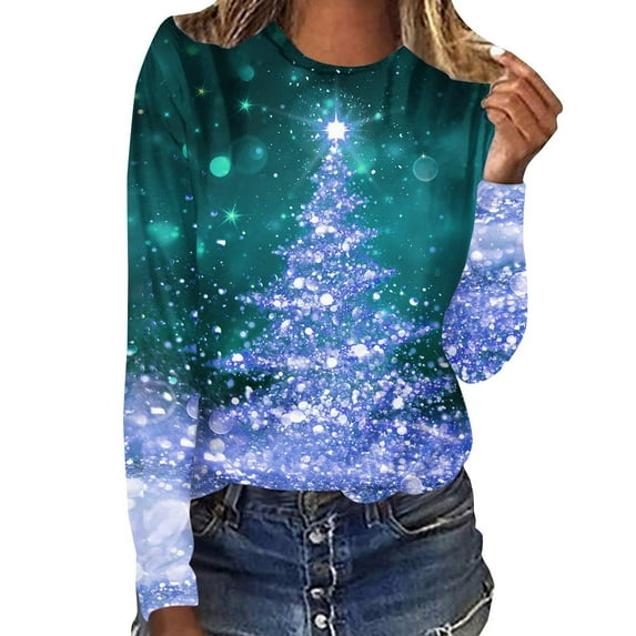 BLVB Merry Christmas Shirt for Women Crewneck Christmas Tree Graphic Sweatshirt Casual Vacation Long Sleeve Tees Tops