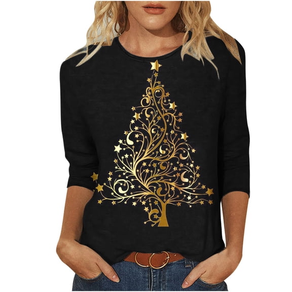 BLVB Merry Christmas Shirts Women Tree Graphic Print T Shirt 3/4 Sleeve Crewneck Christmas Tee Tunic Tops
