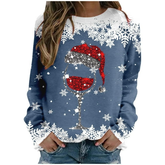 BLVB Merry Christmas Sweatshirts for Women Christmas Long Sleeve Snowflake Red Glass Graphic Shirt Christmas Pullover Tee Tops