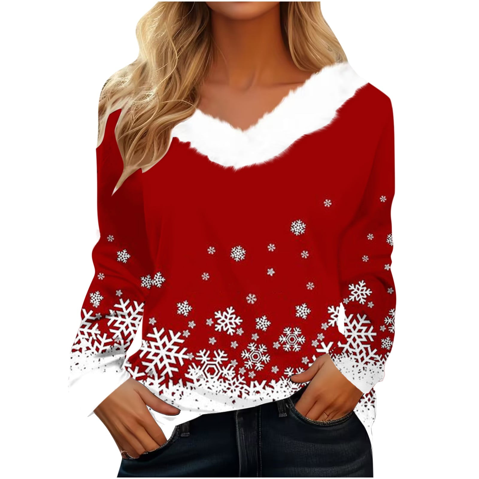 Merry Christmas Women's Fall T Shirts Christmas Snowflake Graphic Tee Tops Long Sleeve V Neck Plush Trim Pullover