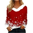 thumbnail image 1 of BLVB Merry Christmas Women's Fall T Shirts Christmas Snowflake Graphic Tee Tops Long Sleeve V Neck Plush Trim Pullover, 1 of 5
