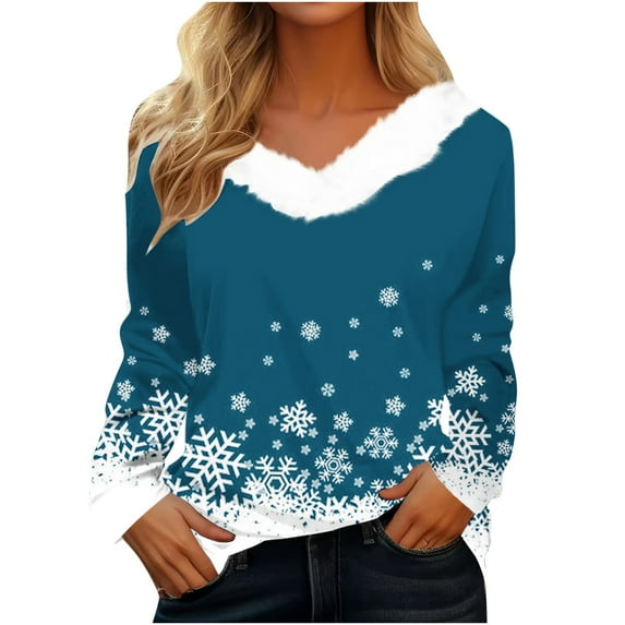 BLVB Merry Christmas Women's Fall T Shirts Christmas Snowflake Graphic Tee Tops Long Sleeve V Neck Plush Trim Pullover