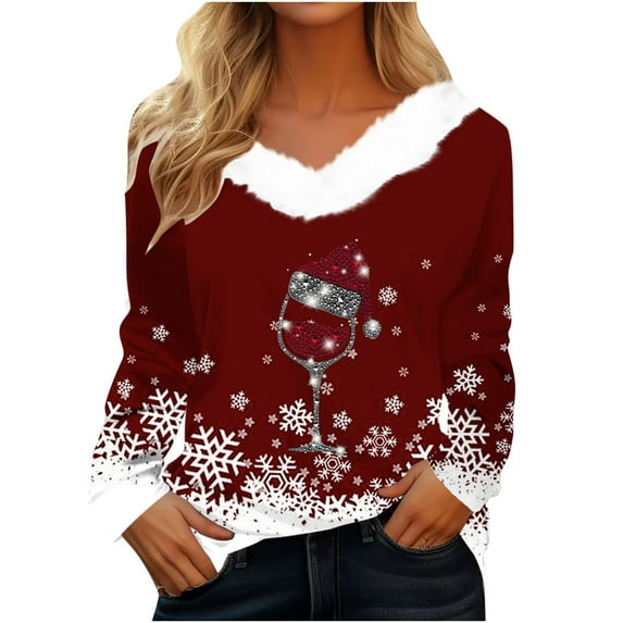 BLVB Merry Christmas Women's Fall T Shirts Christmas Snowflake Graphic Tee Tops Long Sleeve V Neck Plush Trim Pullover