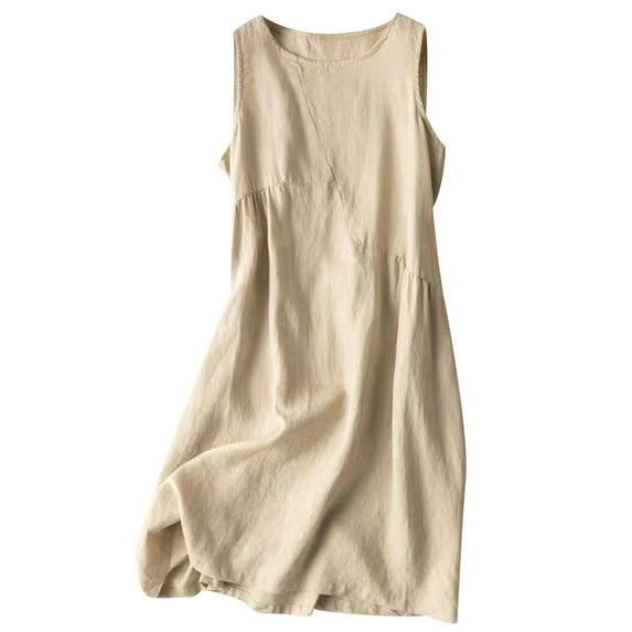 BLVB Midi Dresses for Women Sleeveless Round Neck Plain Tank Dress Casual Basic Cotton Linen Dress for Summer